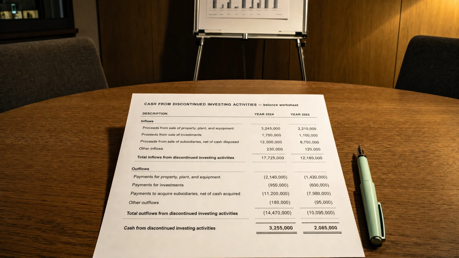 Accounting worksheet showing cash from discontinued investing activities line items with neat column totals and a fountain pen.