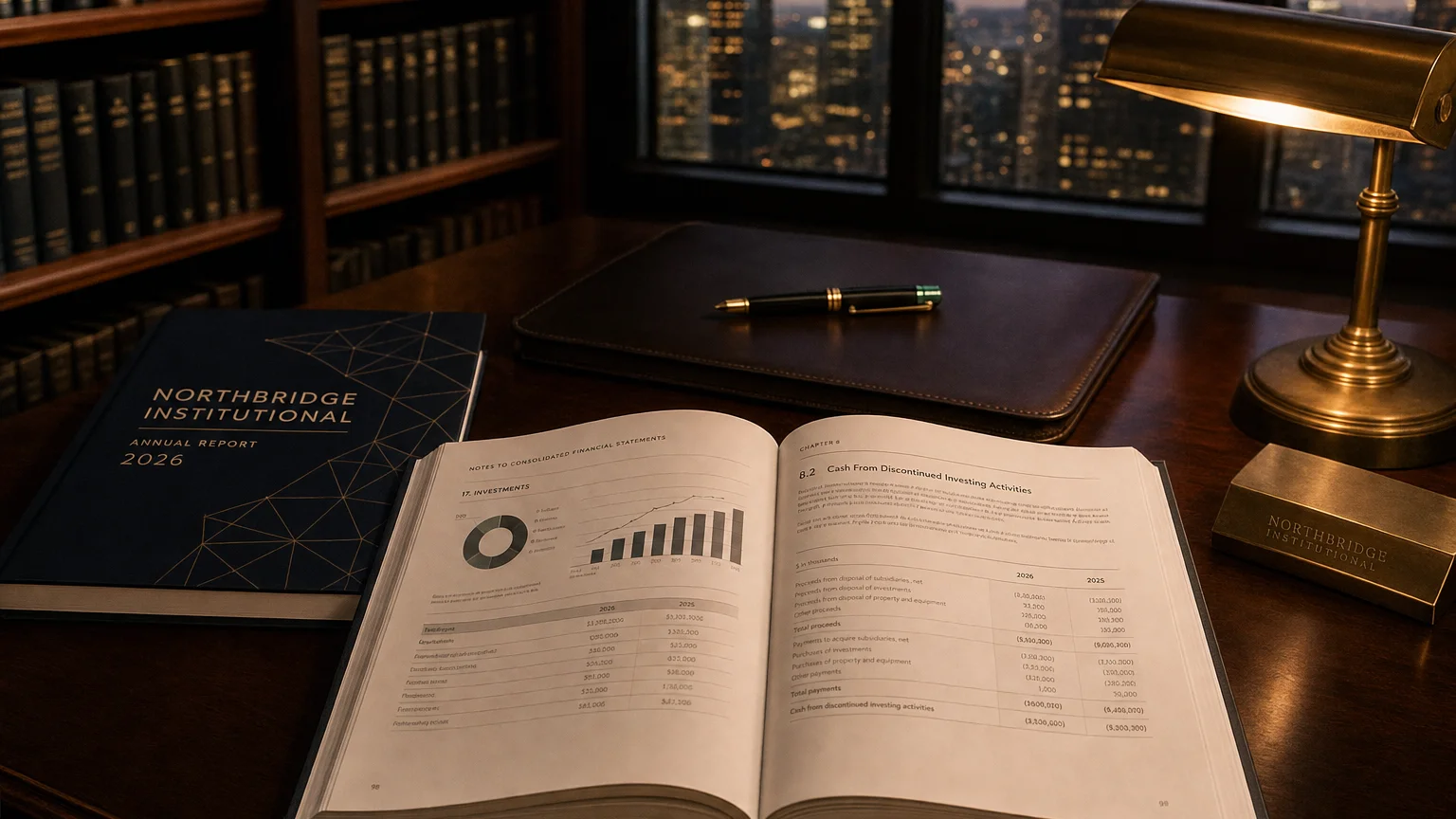 Corporate ledger or annual-report booklet open to the cash from discontinued investing activities chapter on a wooden desk.