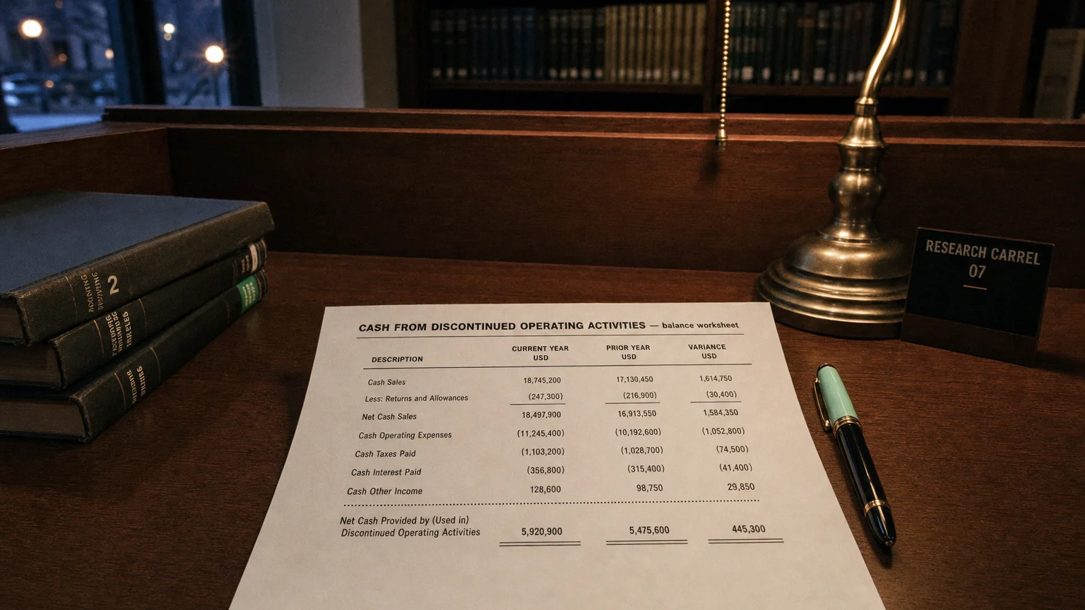 Accounting worksheet showing cash from discontinued operating activities line items with neat column totals and a fountain pen.