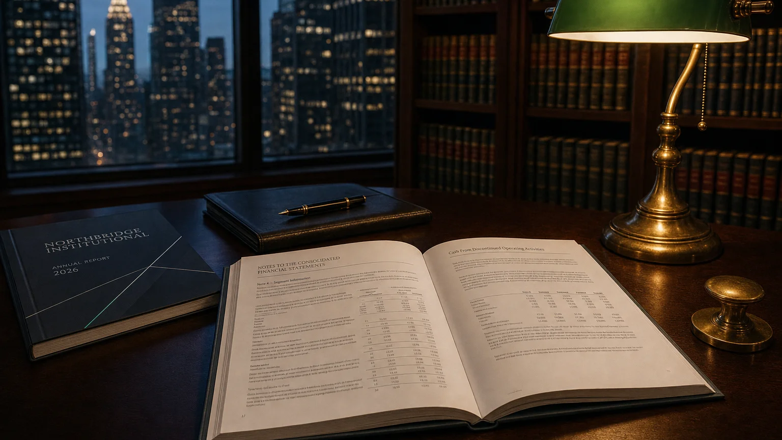Corporate ledger or annual-report booklet open to the cash from discontinued operating activities chapter on a wooden desk.