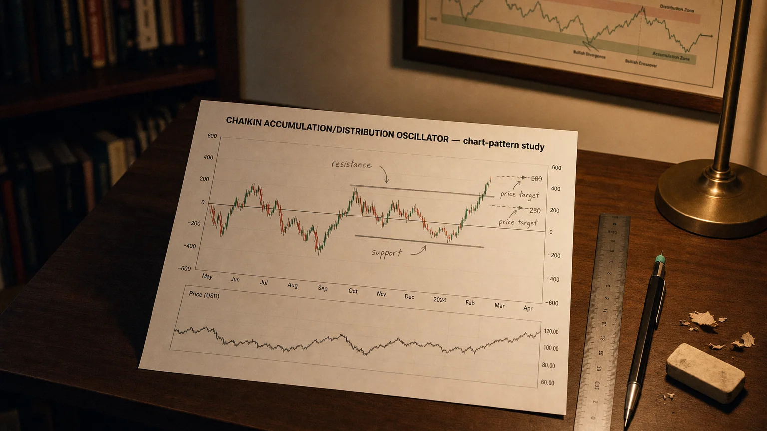 Printed candlestick chart annotated with hand-drawn chaikin accumulation/distribution oscillator pattern markers on an analyst desk.