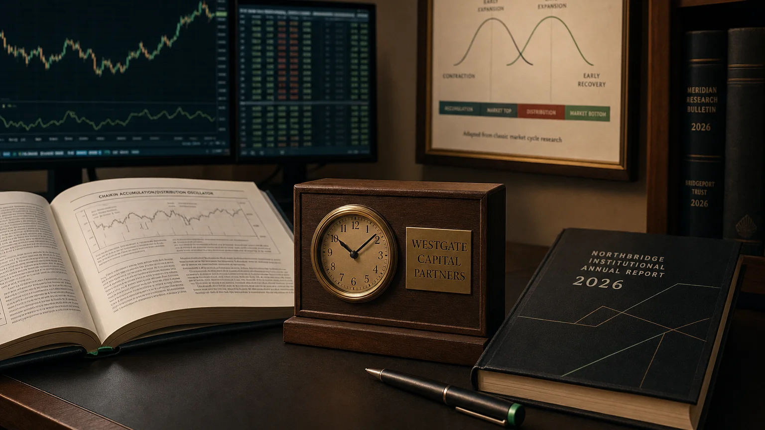 Trading-desk artifact representing chaikin accumulation/distribution oscillator — textbook page and bull-or-bear desk sculpture.