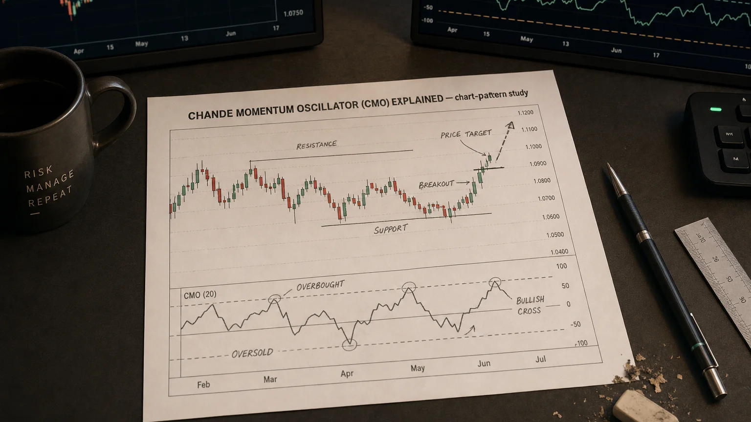 Printed candlestick chart annotated with hand-drawn chande momentum oscillator (cmo) pattern markers on an analyst desk.