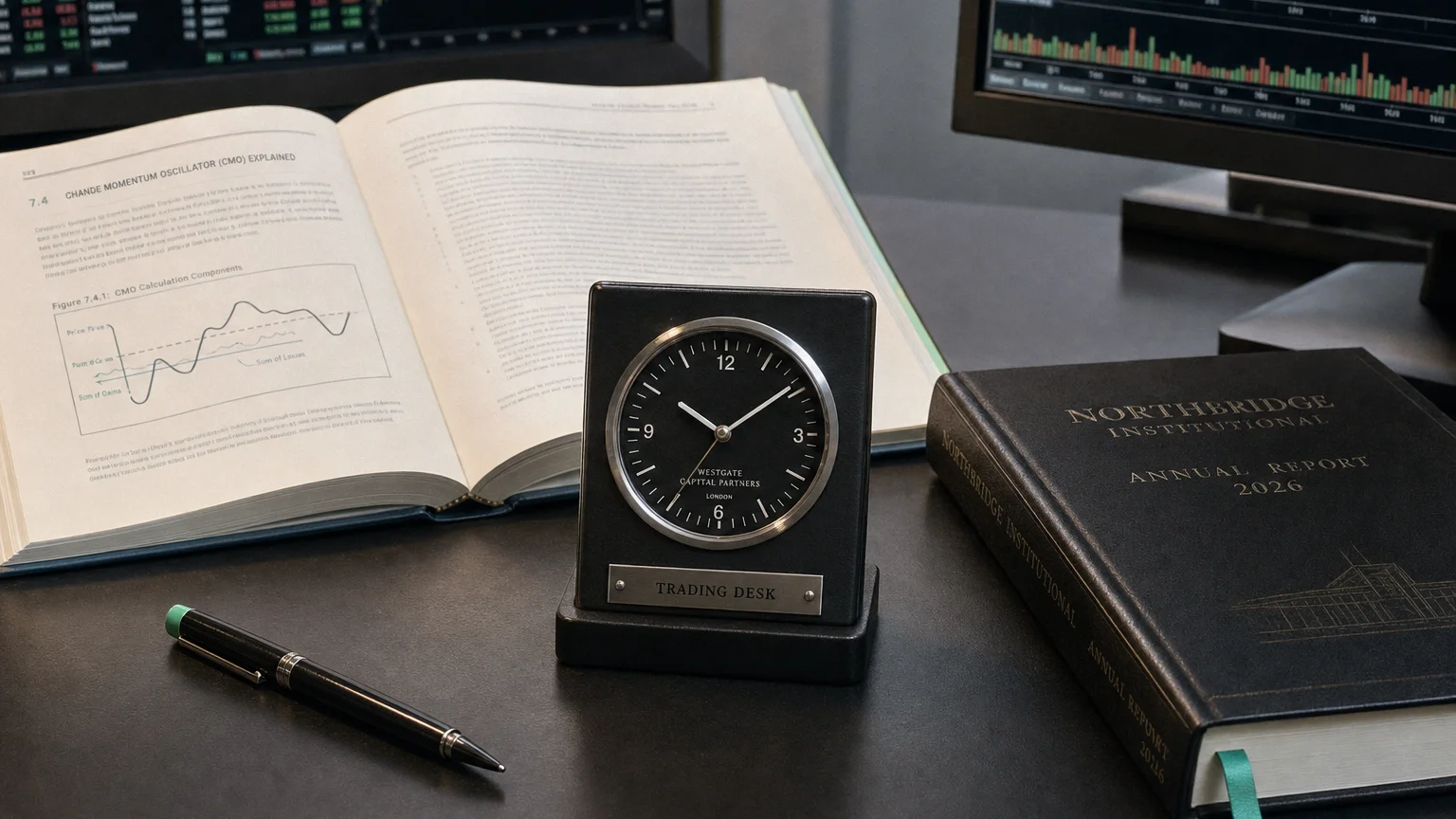 Trading-desk artifact representing chande momentum oscillator (cmo) — textbook page and bull-or-bear desk sculpture.
