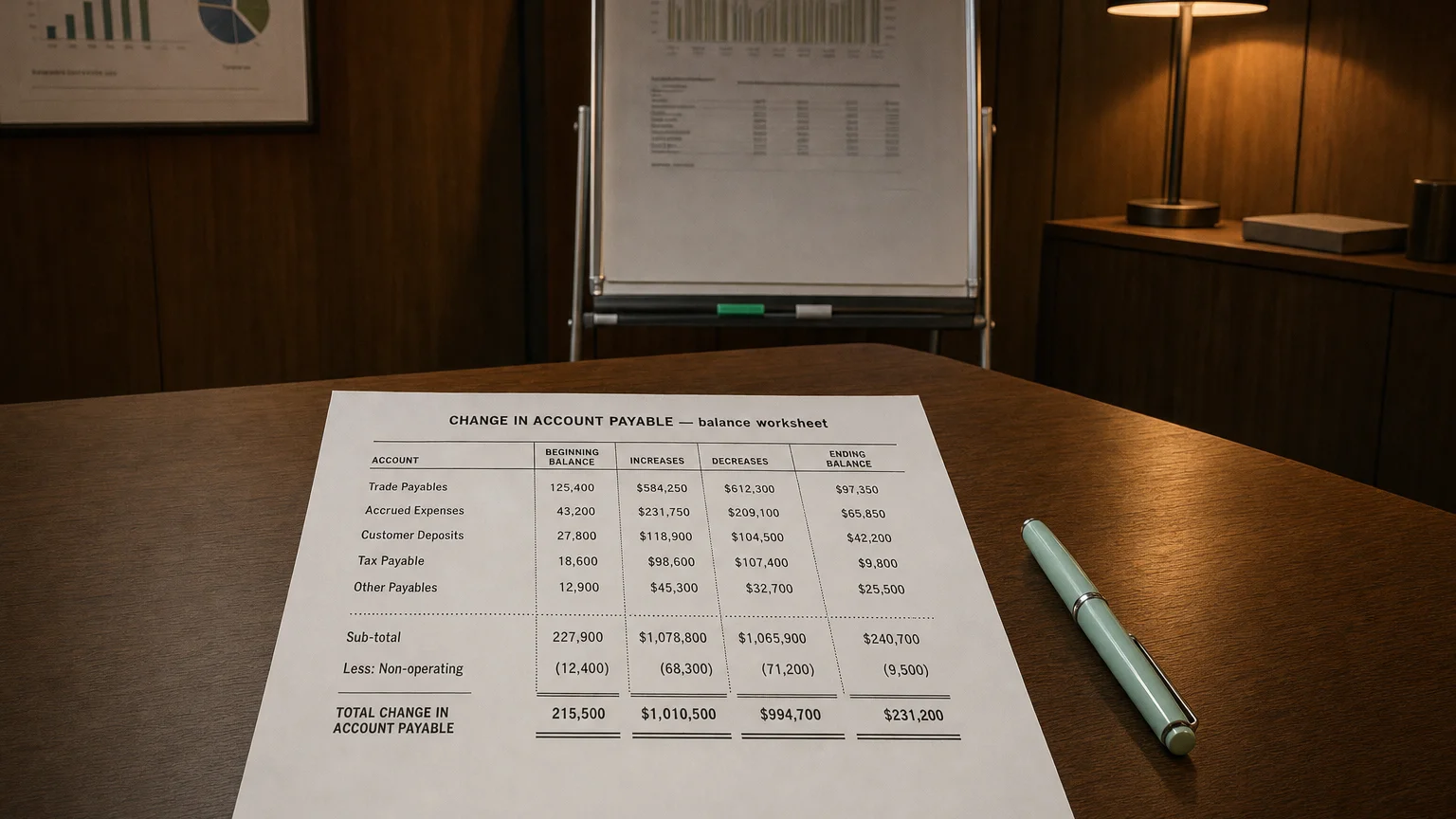 Accounting worksheet showing change in account payable line items with neat column totals and a fountain pen.