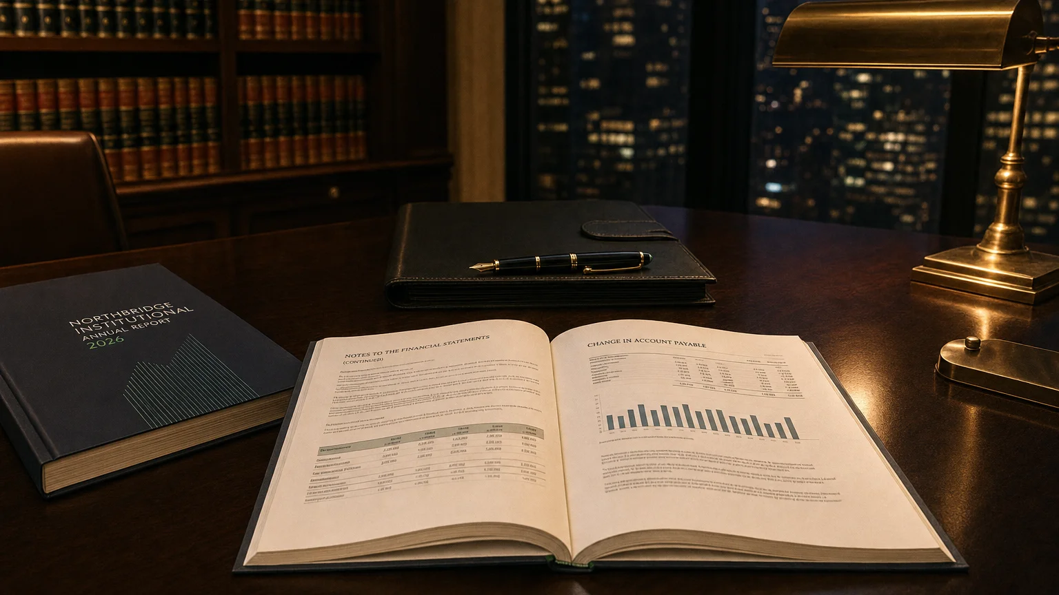 Corporate ledger or annual-report booklet open to the change in account payable chapter on a wooden desk.