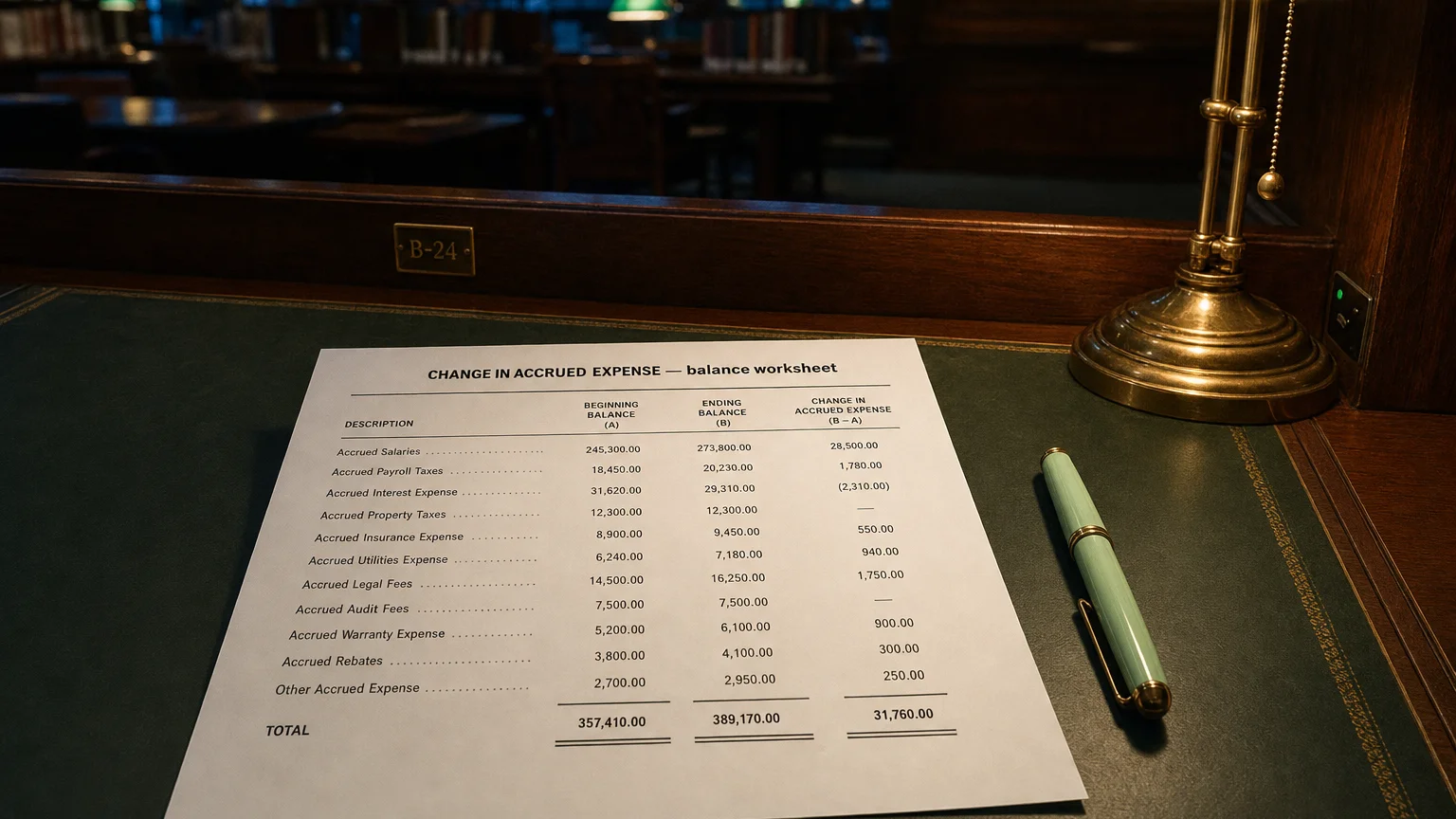 Accounting worksheet showing change in accrued expense line items with neat column totals and a fountain pen.
