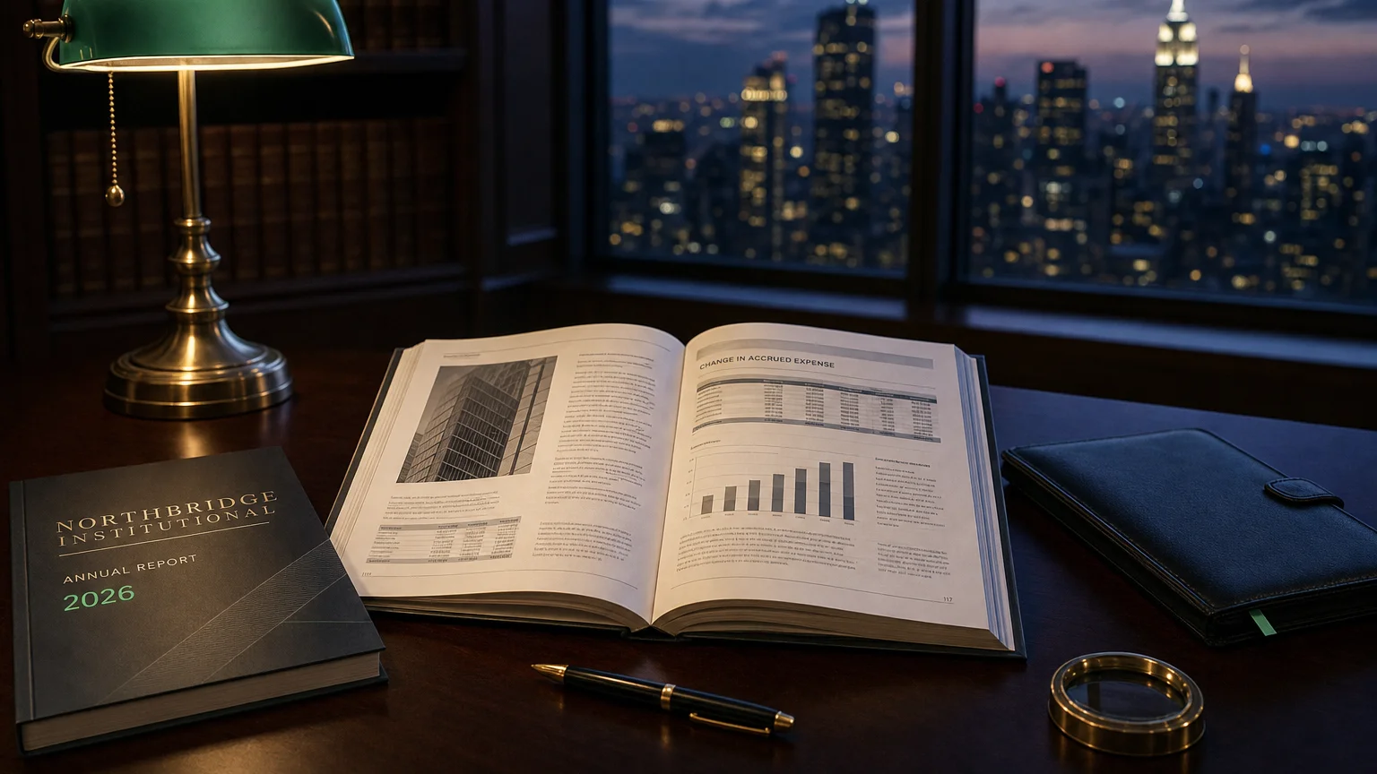 Corporate ledger or annual-report booklet open to the change in accrued expense chapter on a wooden desk.