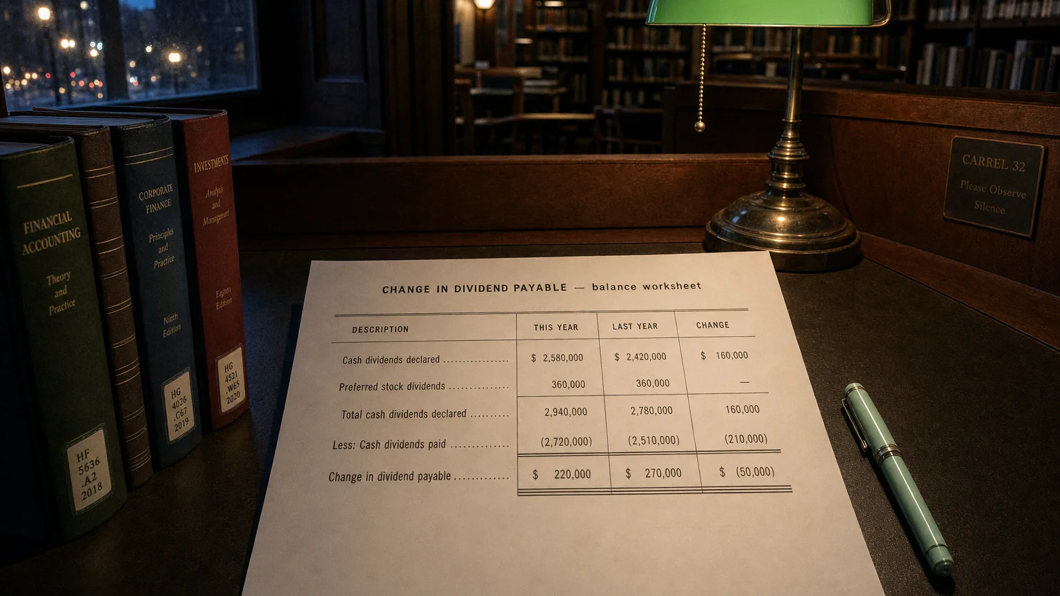 Accounting worksheet showing change in dividend payable line items with neat column totals and a fountain pen.