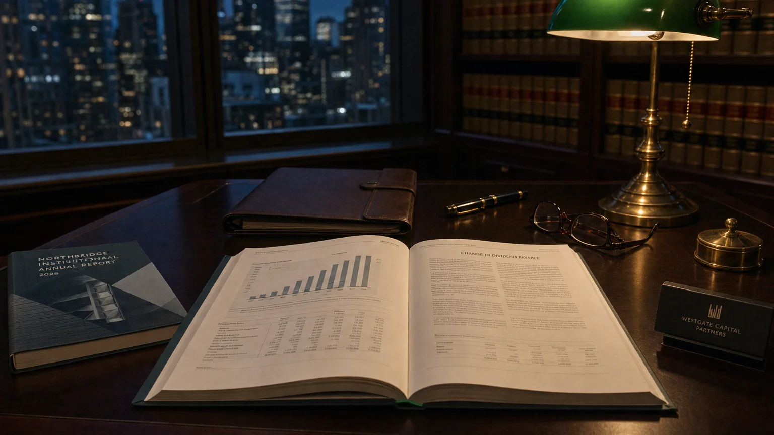 Corporate ledger or annual-report booklet open to the change in dividend payable chapter on a wooden desk.