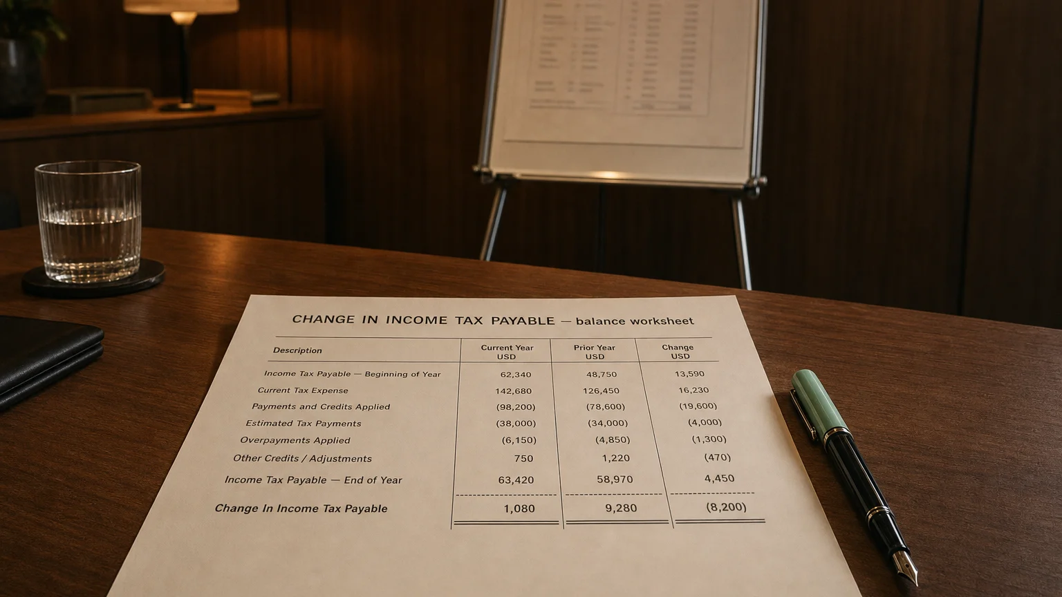 Accounting worksheet showing change in income tax payable line items with neat column totals and a fountain pen.