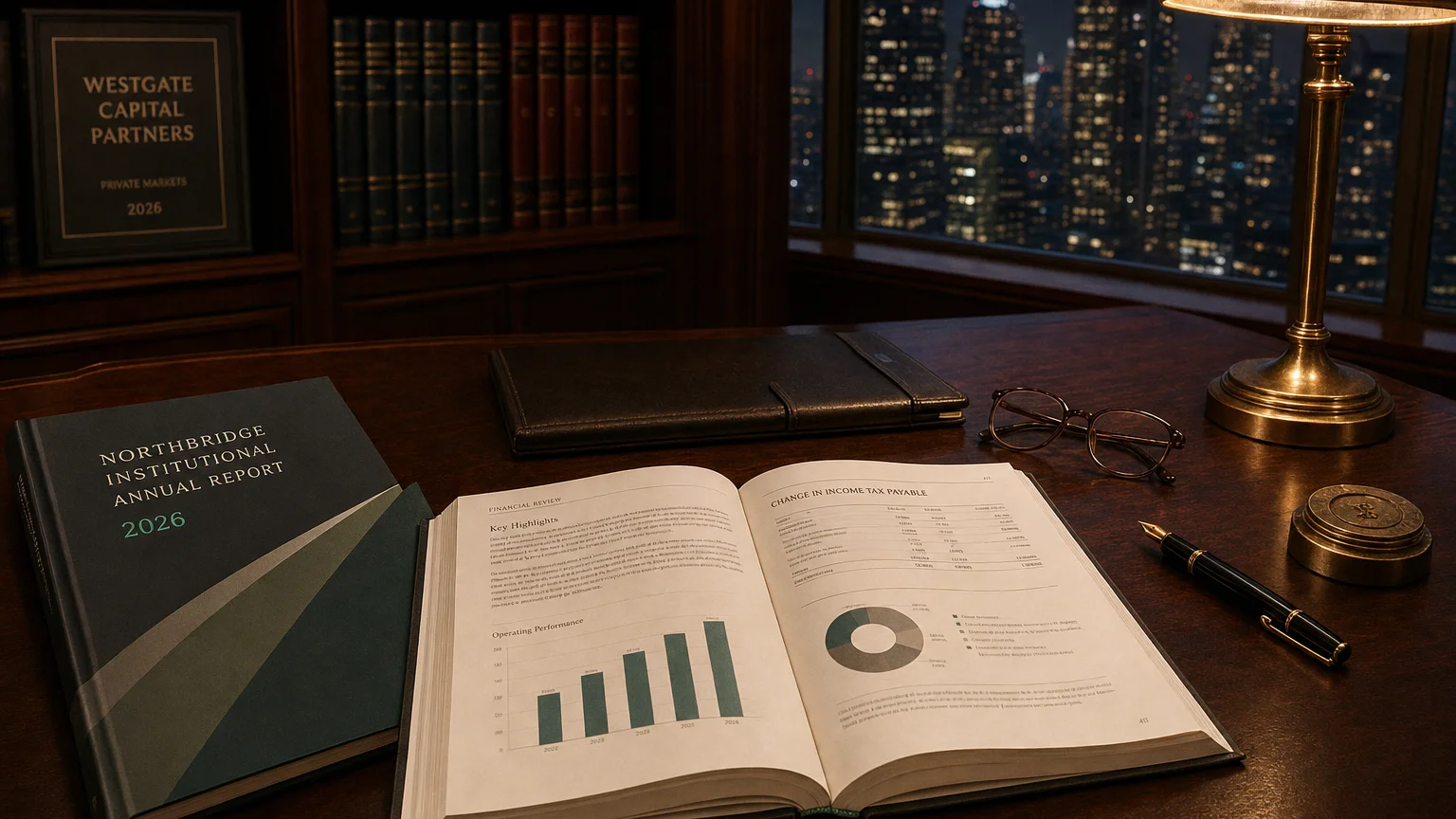 Corporate ledger or annual-report booklet open to the change in income tax payable chapter on a wooden desk.