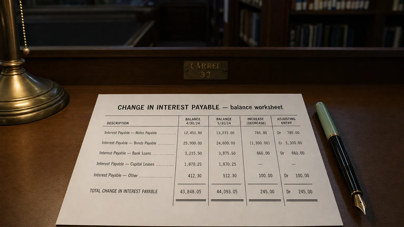 Accounting worksheet showing change in interest payable line items with neat column totals and a fountain pen.