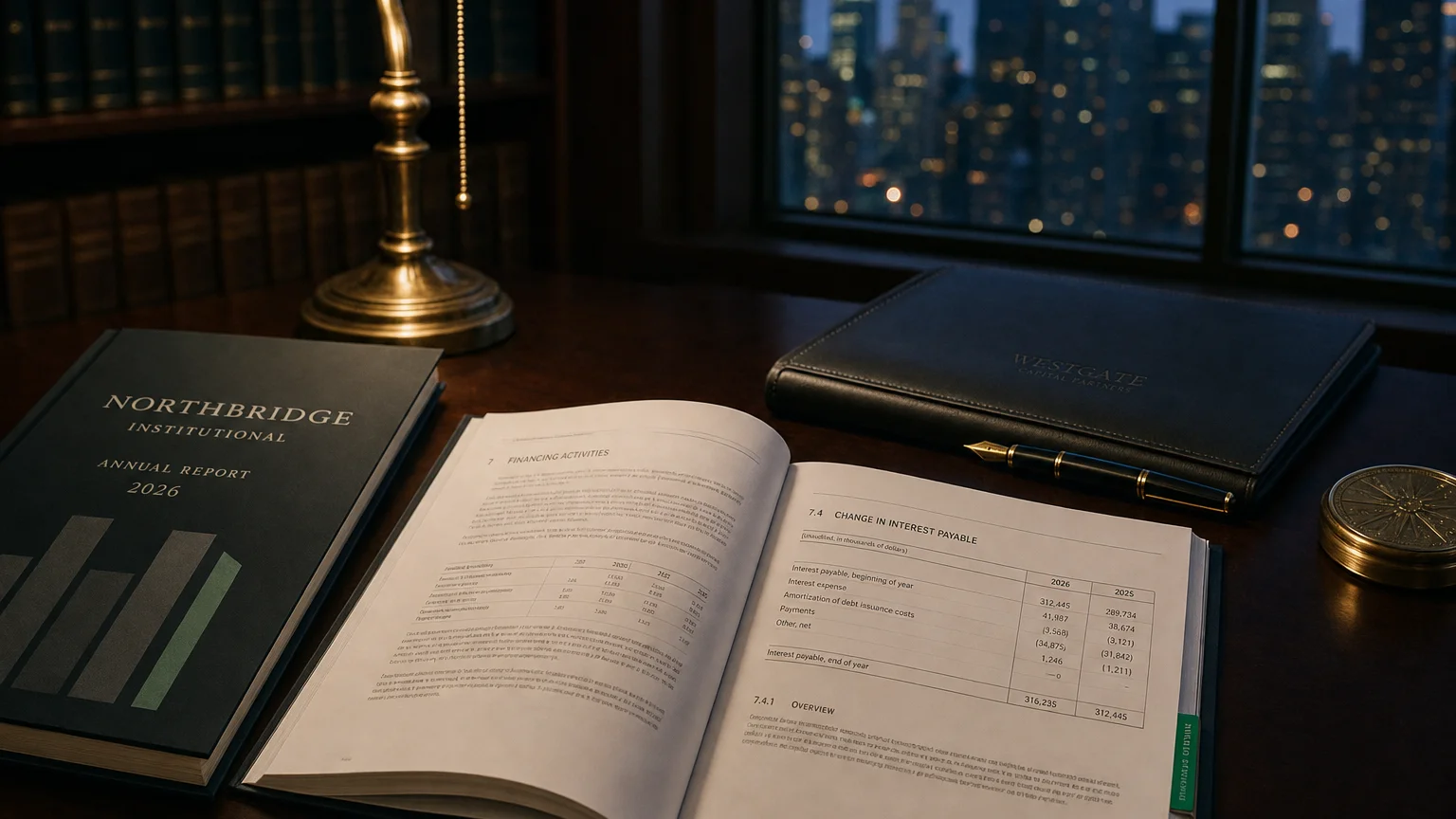 Corporate ledger or annual-report booklet open to the change in interest payable chapter on a wooden desk.