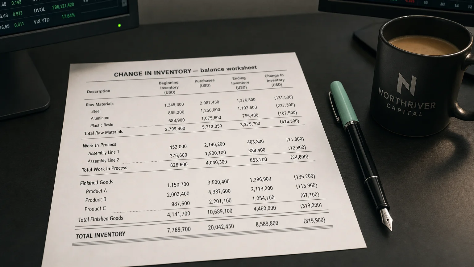 Accounting worksheet showing change in inventory line items with neat column totals and a fountain pen.
