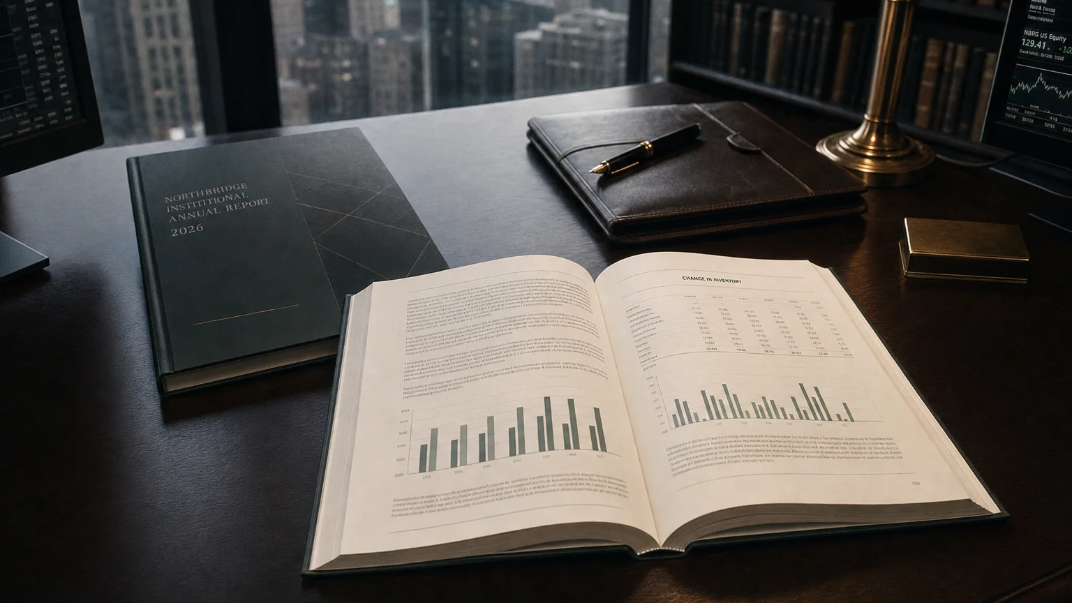 Corporate ledger or annual-report booklet open to the change in inventory chapter on a wooden desk.