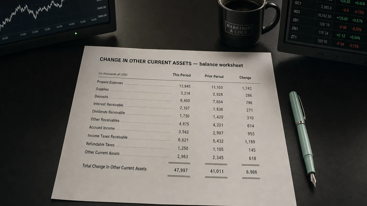 Accounting worksheet showing change in other current assets line items with neat column totals and a fountain pen.