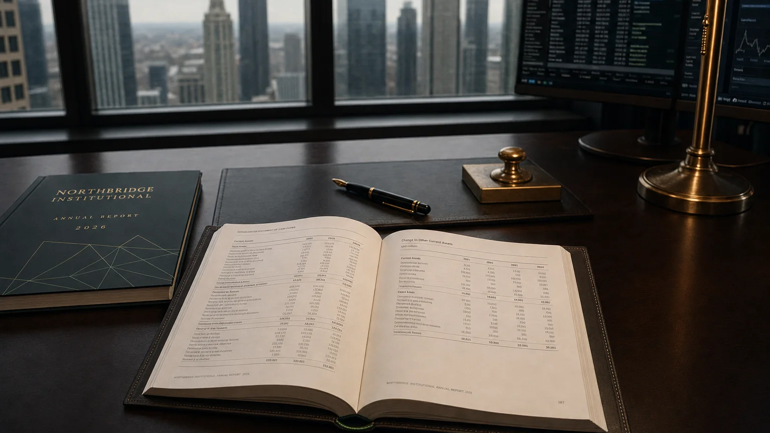 Corporate ledger or annual-report booklet open to the change in other current assets chapter on a wooden desk.