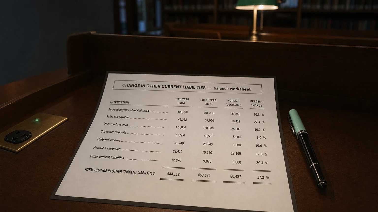 Accounting worksheet showing change in other current liabilities line items with neat column totals and a fountain pen.