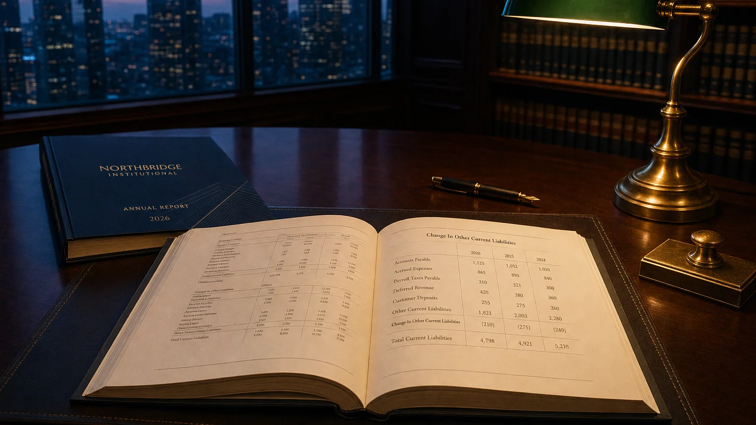 Corporate ledger or annual-report booklet open to the change in other current liabilities chapter on a wooden desk.