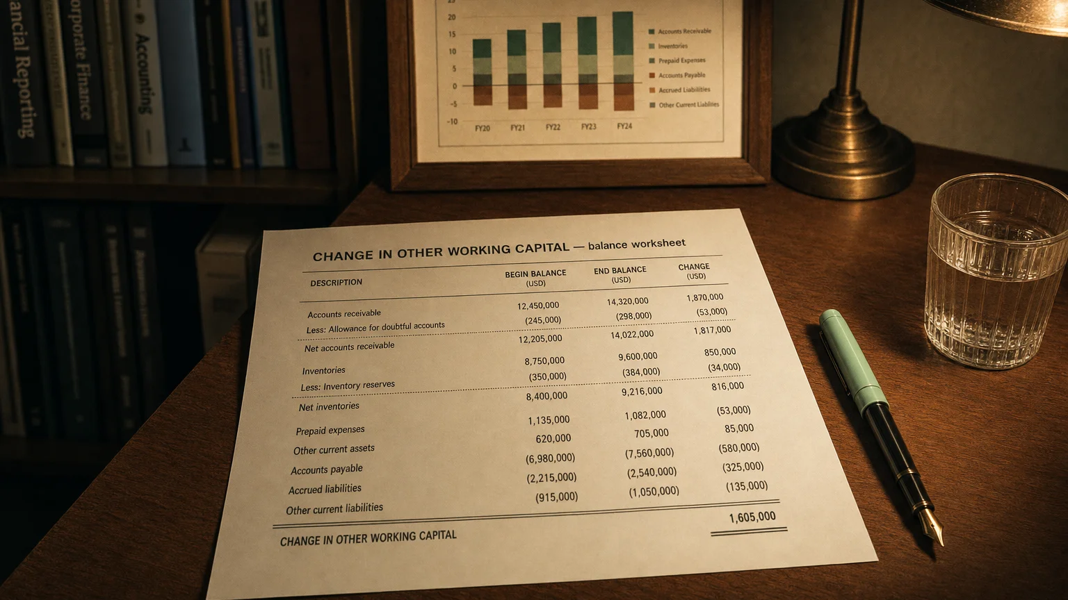 Accounting worksheet showing change in other working capital line items with neat column totals and a fountain pen.