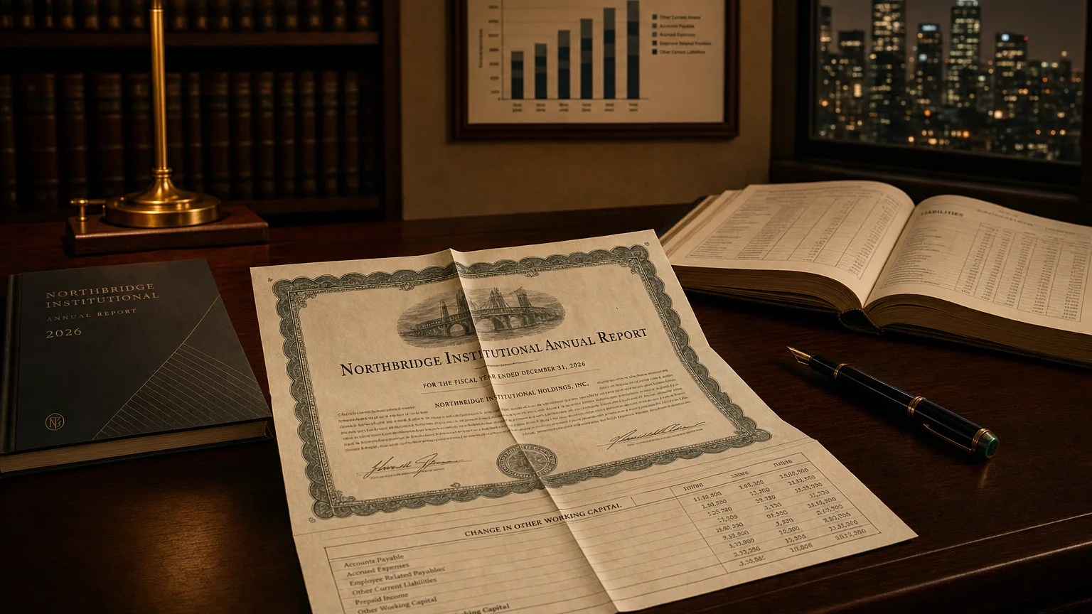 Corporate ledger or annual-report booklet open to the change in other working capital chapter on a wooden desk.