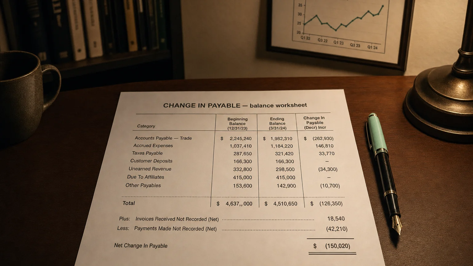 Accounting worksheet showing change in payable line items with neat column totals and a fountain pen.