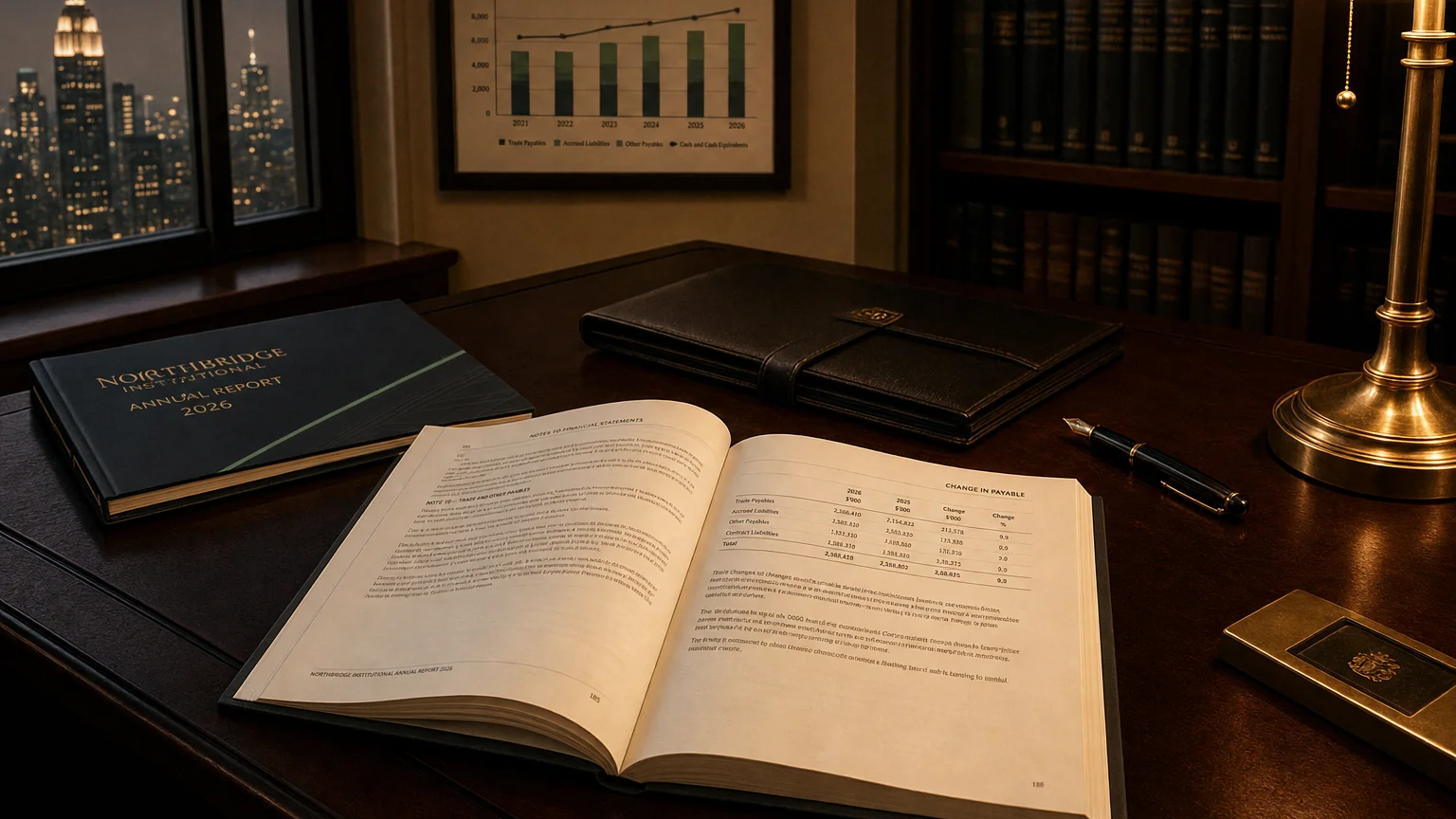 Corporate ledger or annual-report booklet open to the change in payable chapter on a wooden desk.