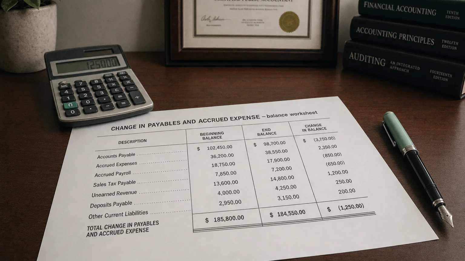 Accounting worksheet showing change in payables and accrued expense line items with neat column totals and a fountain pen.