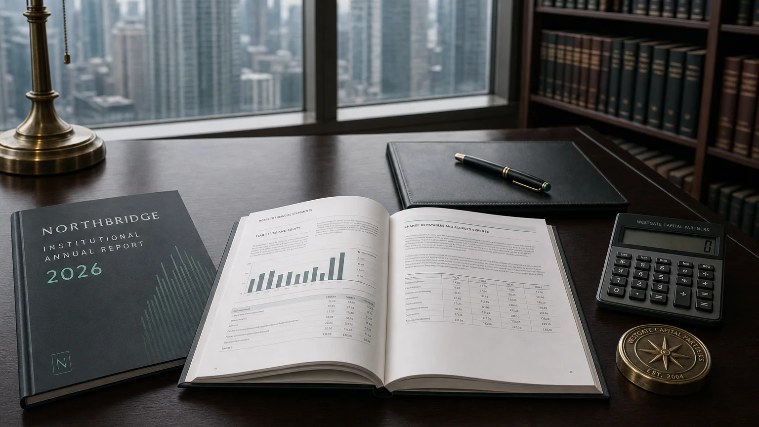 Corporate ledger or annual-report booklet open to the change in payables and accrued expense chapter on a wooden desk.