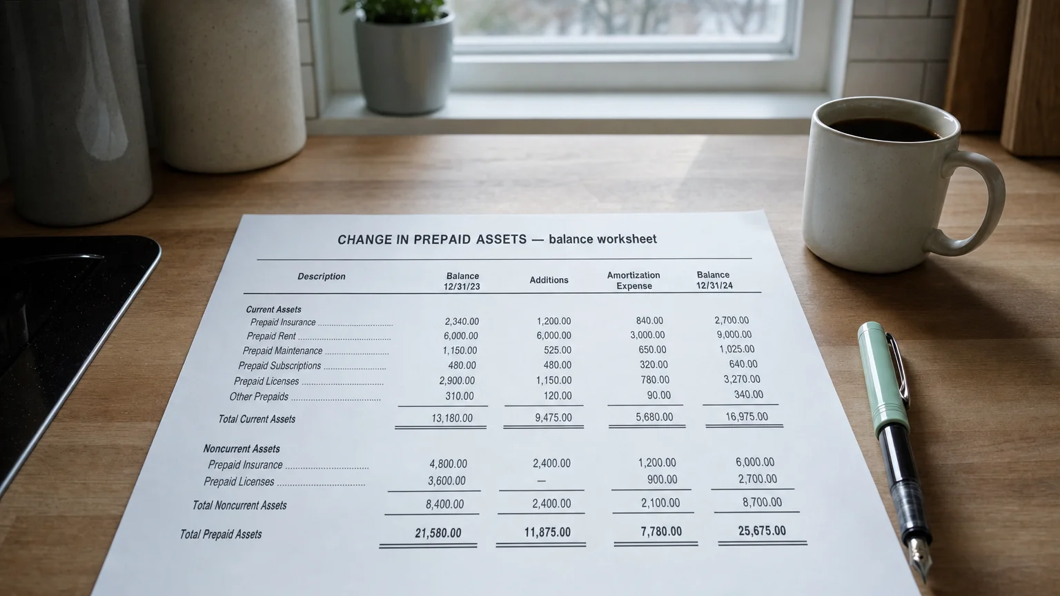 Accounting worksheet showing change in prepaid assets line items with neat column totals and a fountain pen.