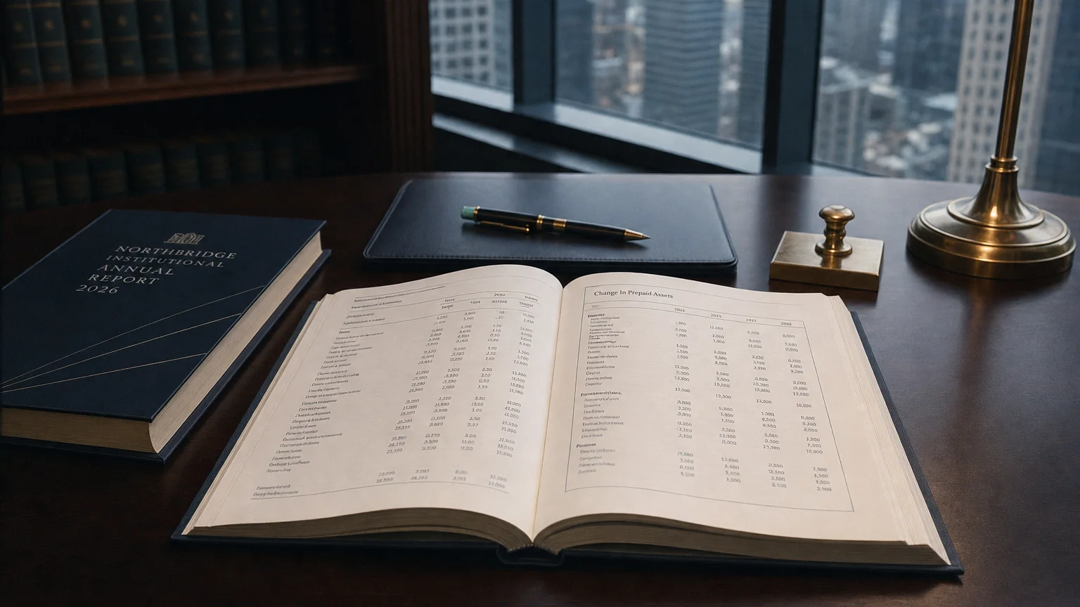 Corporate ledger or annual-report booklet open to the change in prepaid assets chapter on a wooden desk.