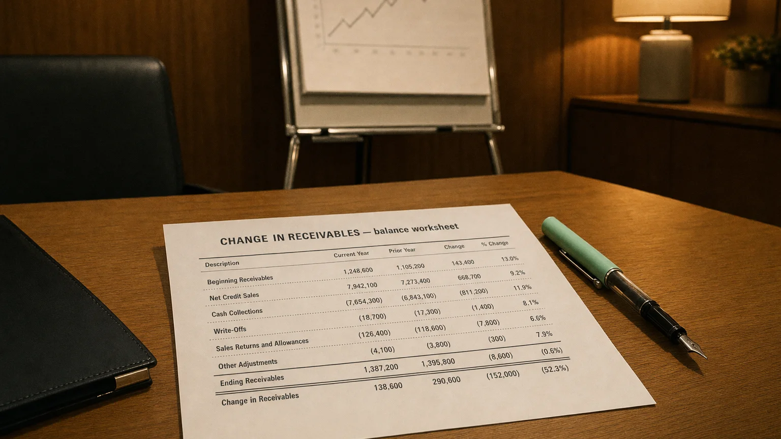 Accounting worksheet showing change in receivables line items with neat column totals and a fountain pen.