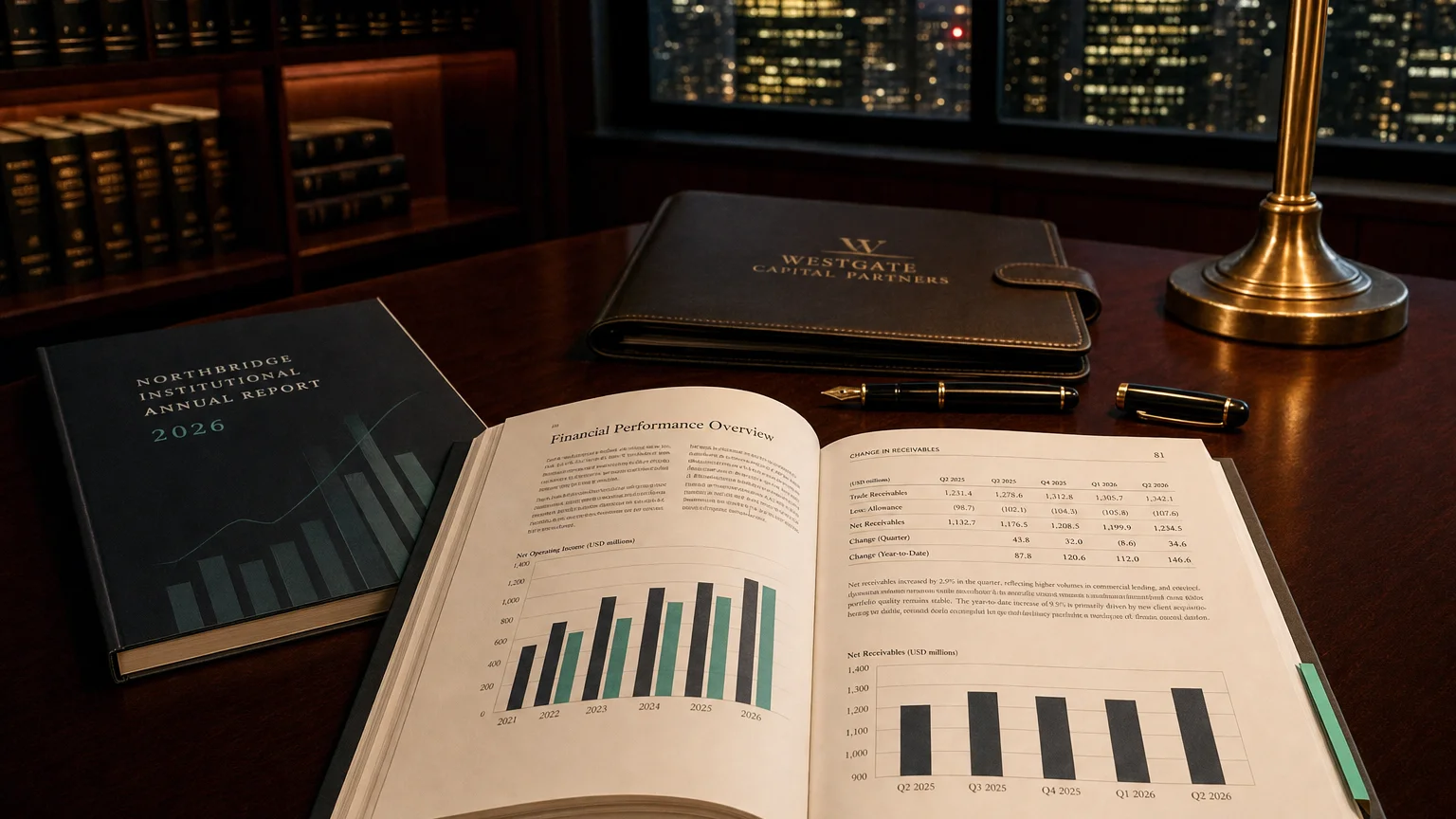 Corporate ledger or annual-report booklet open to the change in receivables chapter on a wooden desk.