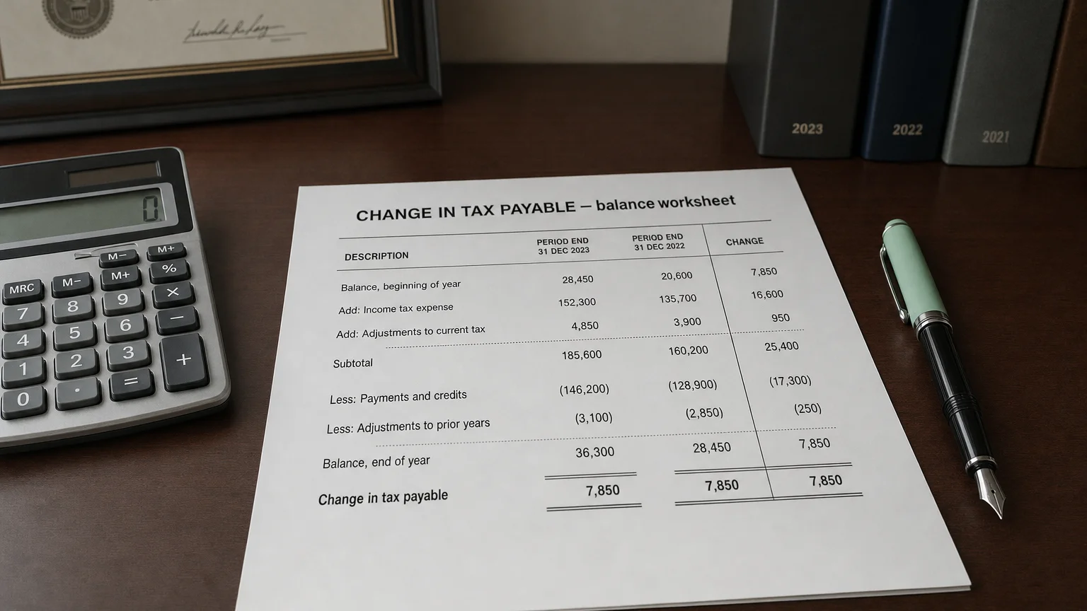 Accounting worksheet showing change in tax payable line items with neat column totals and a fountain pen.