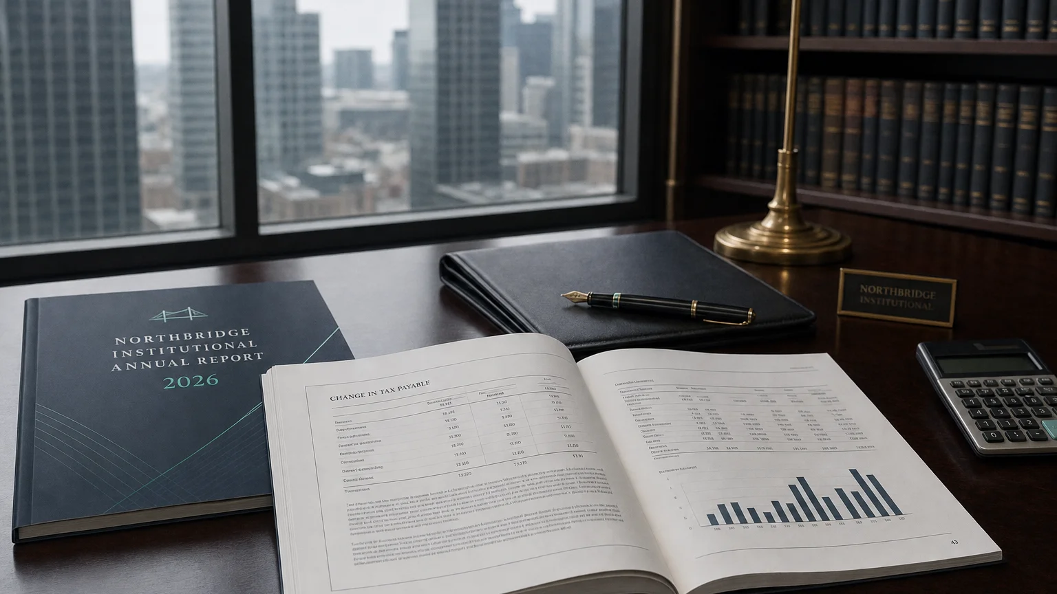 Corporate ledger or annual-report booklet open to the change in tax payable chapter on a wooden desk.