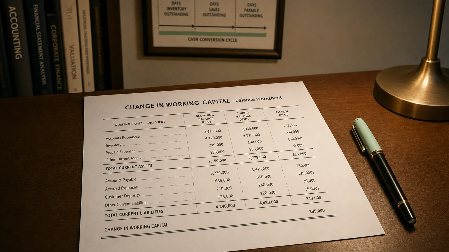 Accounting worksheet showing change in working capital line items with neat column totals and a fountain pen.