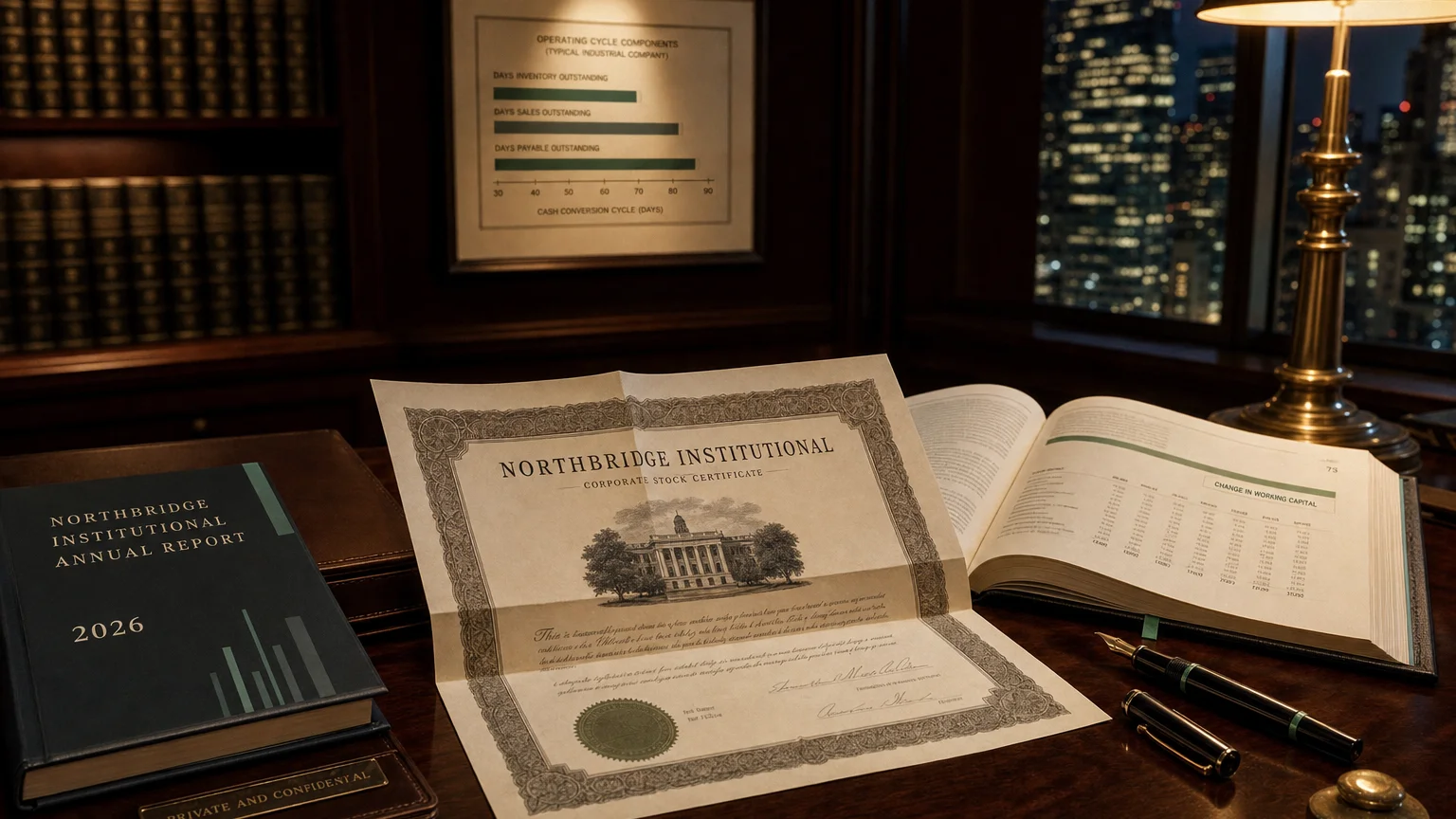 Corporate ledger or annual-report booklet open to the change in working capital chapter on a wooden desk.