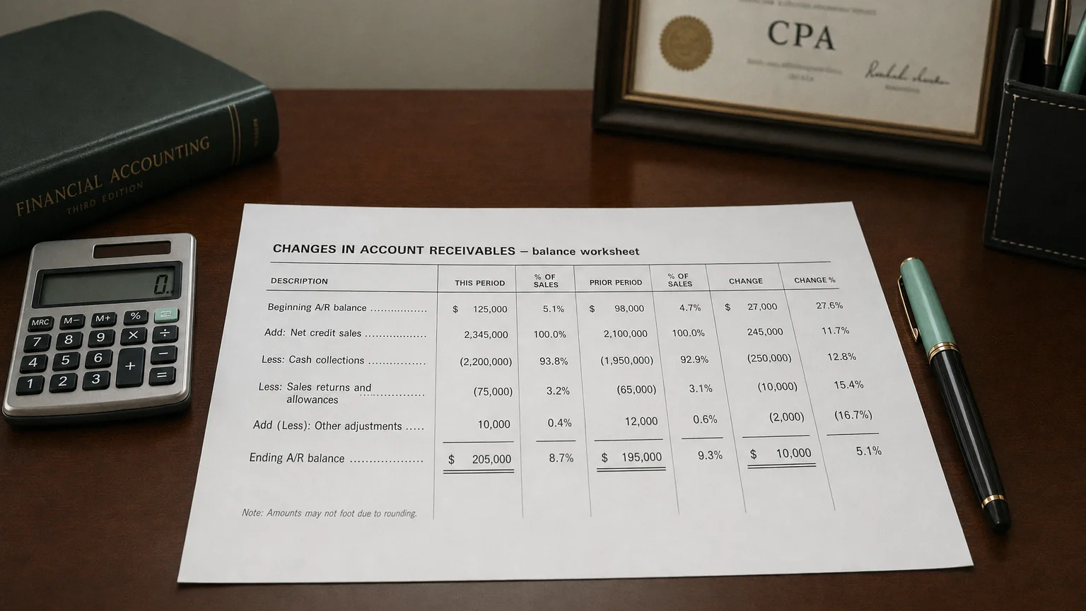 Accounting worksheet showing changes in account receivables line items with neat column totals and a fountain pen.
