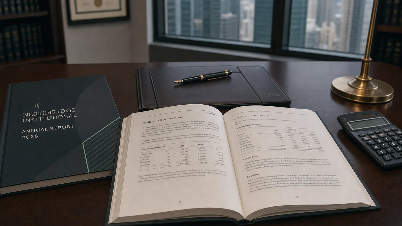 Corporate ledger or annual-report booklet open to the changes in account receivables chapter on a wooden desk.