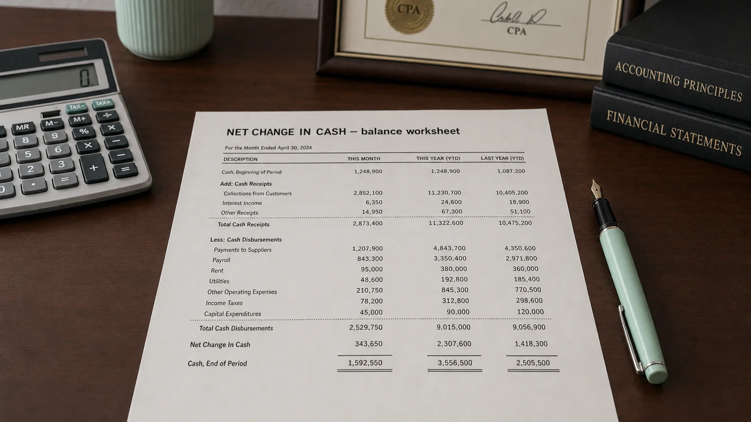 Accounting worksheet showing changes in cash (net increase/decrease in cash) line items with neat column totals and a fountain pen.
