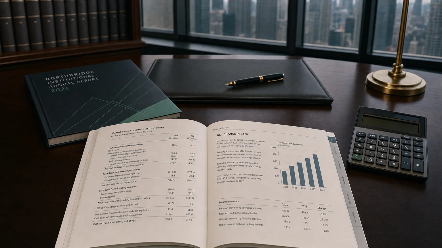 Corporate ledger or annual-report booklet open to the changes in cash (net increase/decrease in cash) chapter on a wooden desk.
