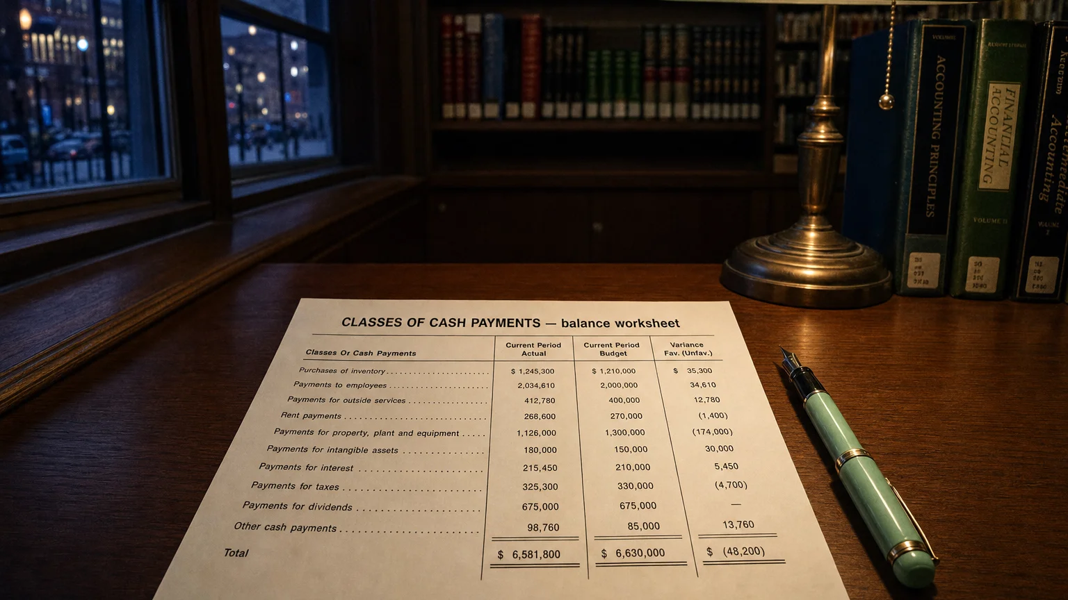 Accounting worksheet showing classes of cash payments line items with neat column totals and a fountain pen.