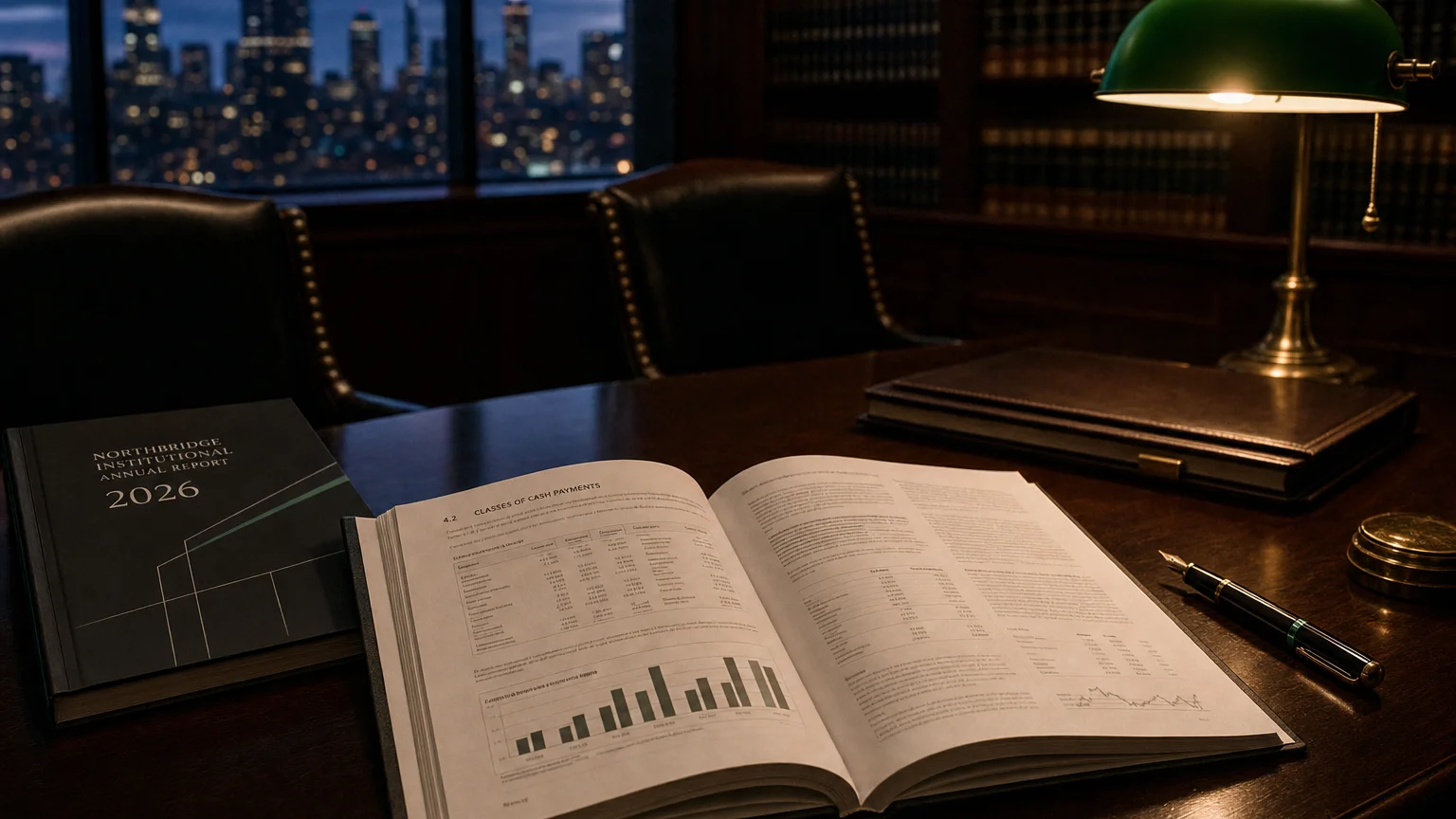 Corporate ledger or annual-report booklet open to the classes of cash payments chapter on a wooden desk.