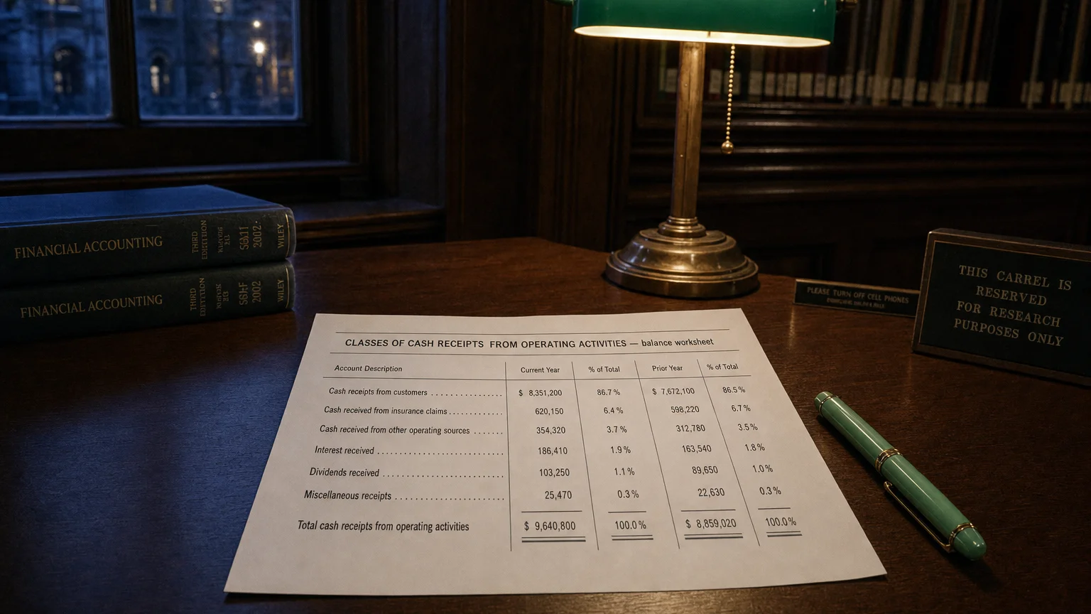Accounting worksheet showing classes of cash receipts from operating activities line items with neat column totals and a fountain pen.
