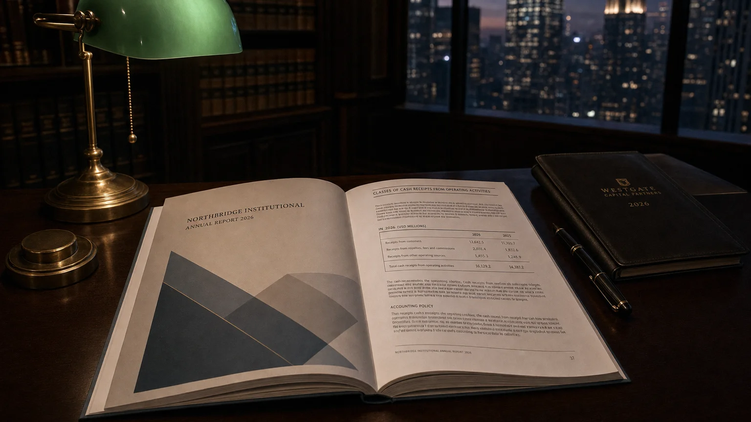 Corporate ledger or annual-report booklet open to the classes of cash receipts from operating activities chapter on a wooden desk.