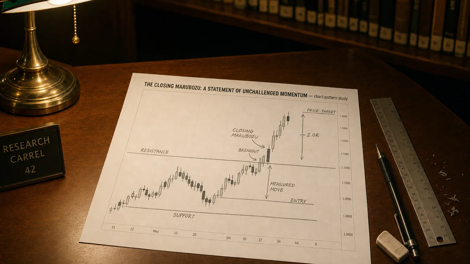 Printed candlestick chart annotated with hand-drawn the closing marubozu: a statement of unchallenged momen pattern markers on an analyst desk.