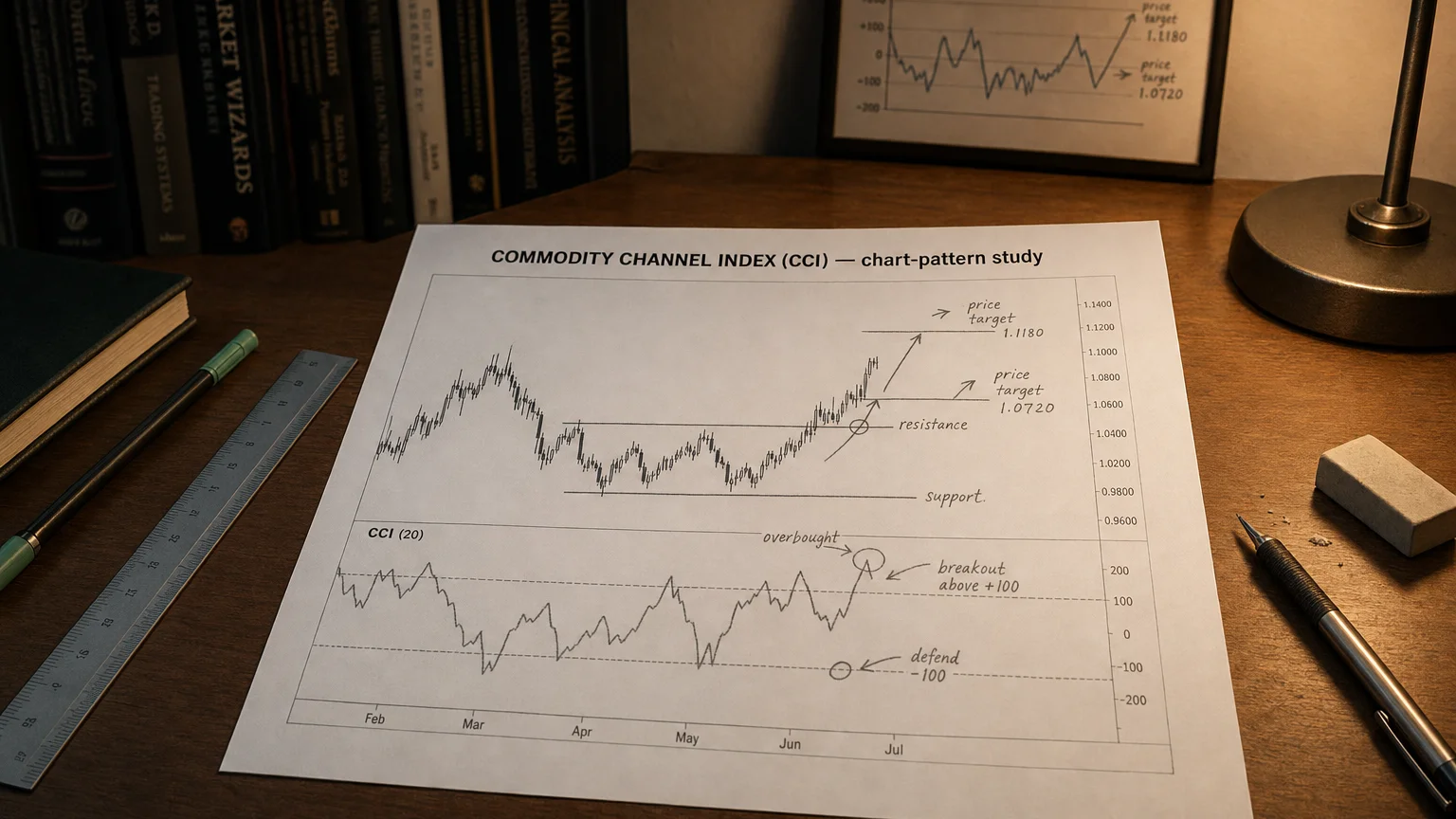 Printed candlestick chart annotated with hand-drawn commodity channel index (cci) pattern markers on an analyst desk.