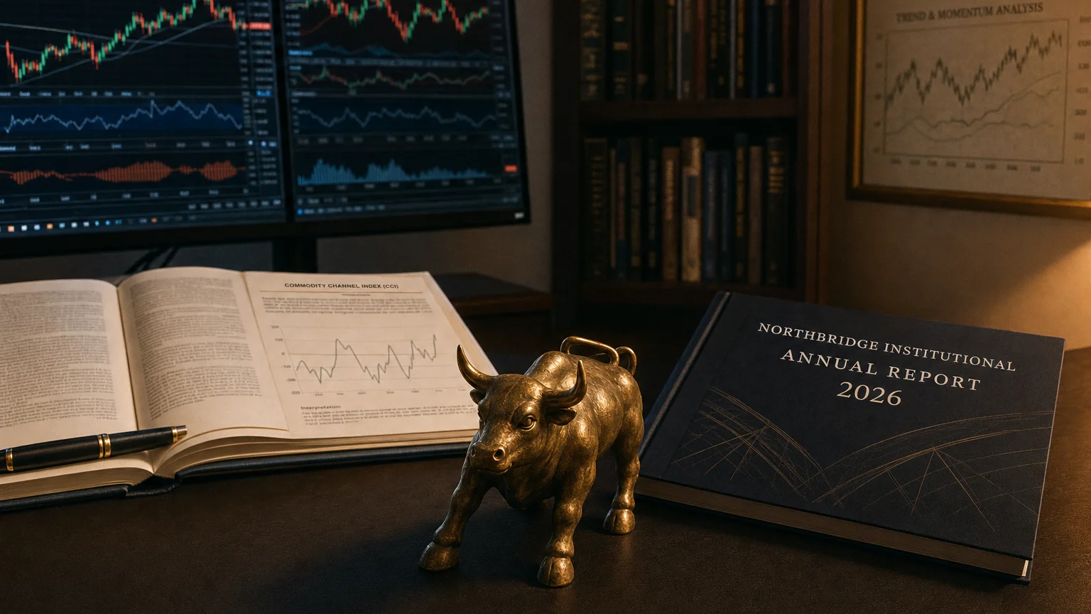 Trading-desk artifact representing commodity channel index (cci) — textbook page and bull-or-bear desk sculpture.