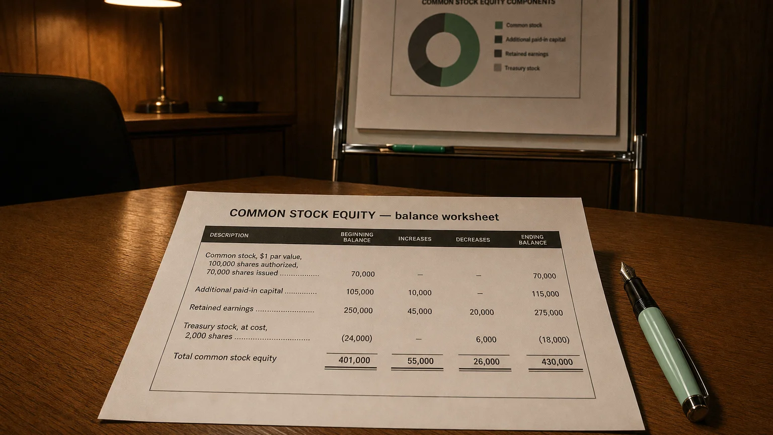 Accounting worksheet showing common stock equity line items with neat column totals and a fountain pen.